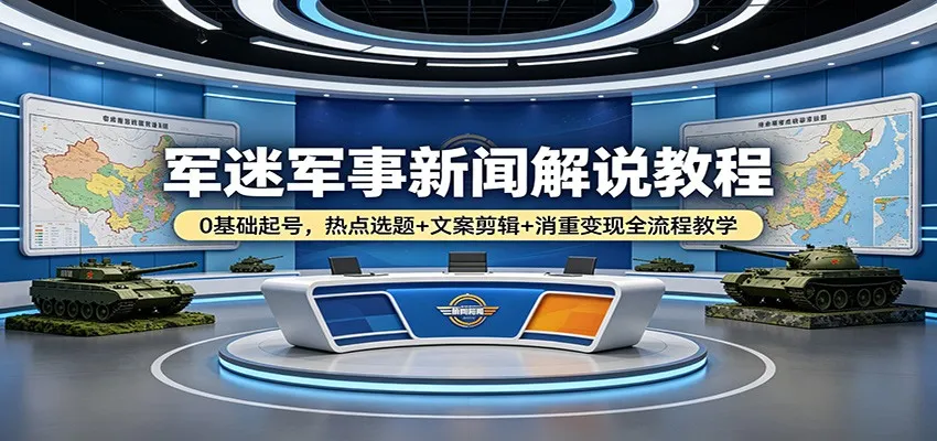 军迷军事新闻解说教程：0基础起号，热点选题+文案剪辑+消重变现全流程教学-豌豆轻创