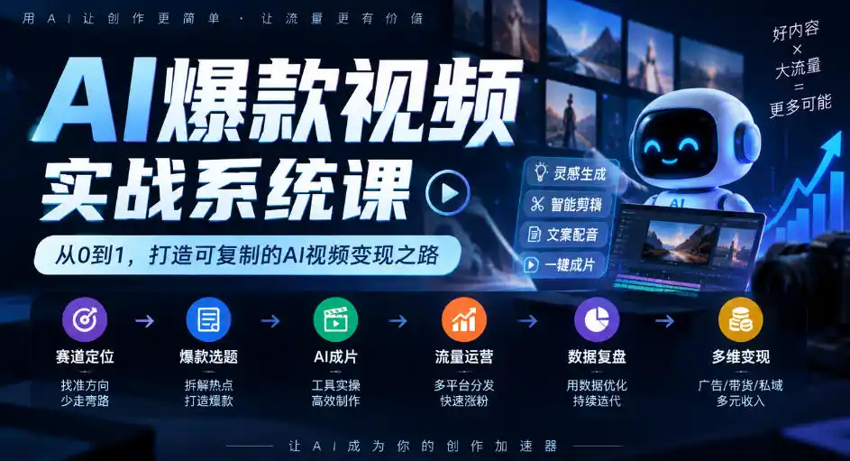 AI爆款视频实战系统课｜赛道定位、爆款选题、AI成片、流量运营、数据复盘、多维变现全链路教学-豌豆轻创