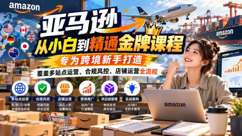 亚马逊从小白到精通金牌课程，专为跨境新手打造，覆盖多站点运营、合规风控、店铺运营全流程-豌豆轻创