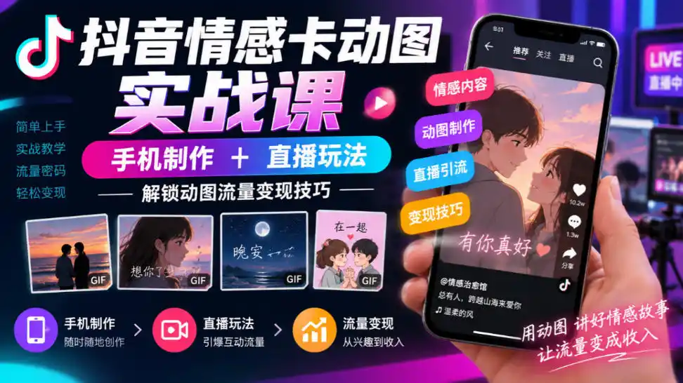 抖音情感卡动图实战课｜手机制作+直播玩法，解锁动图流量变现技巧-豌豆轻创