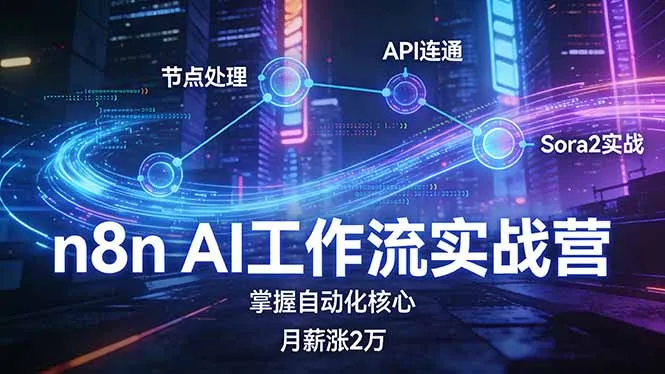 n8n AI工作流实战营，节点处理+API连通+Sora2实战，掌握自动化核心月薪涨2万-轻创