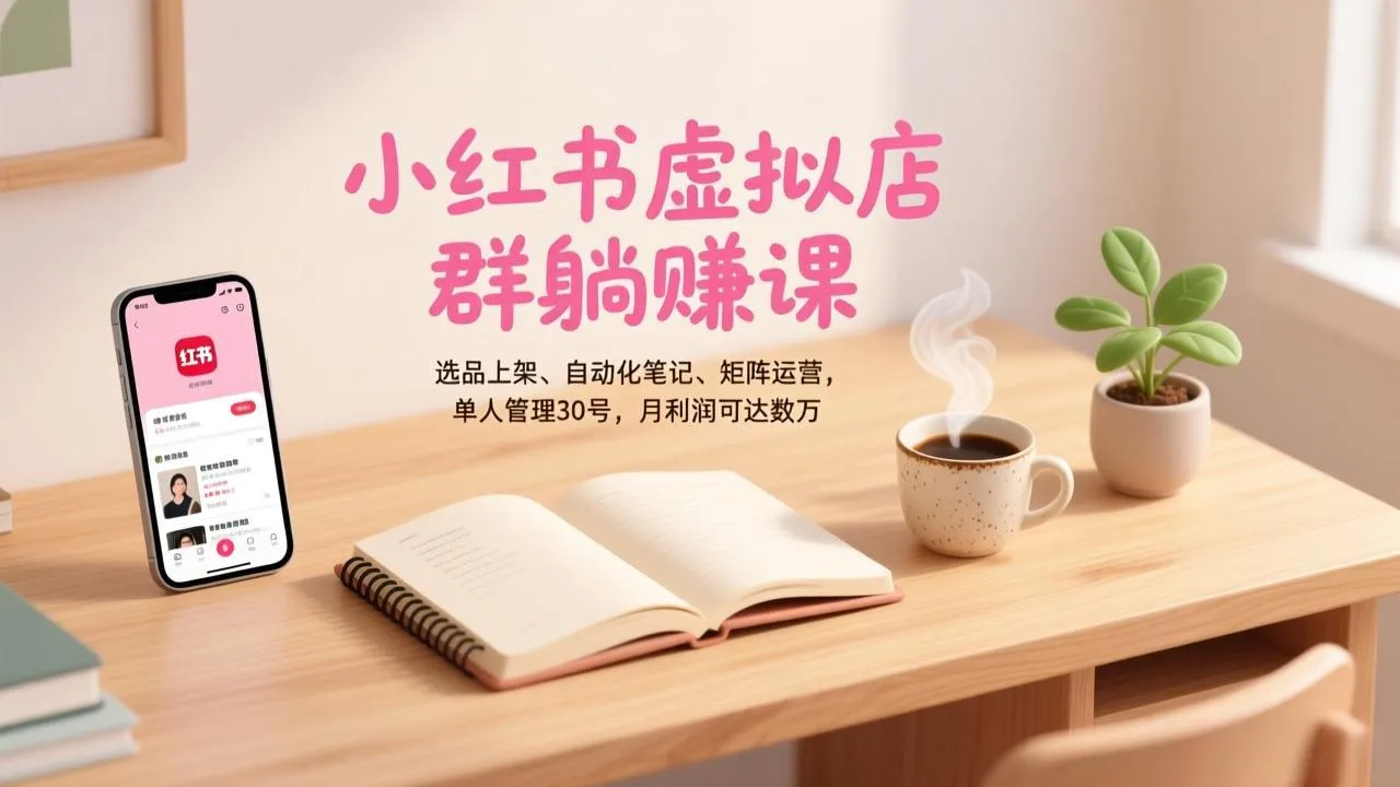 小红书虚拟店群躺赚课，选品上架、自动化笔记、矩阵运营，单人管理30号，月利润可达数万-轻创