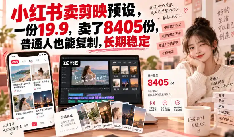 小红书卖剪映预设,一份19.9,卖了8405份,普通人也能复制,长期稳定-豌豆轻创