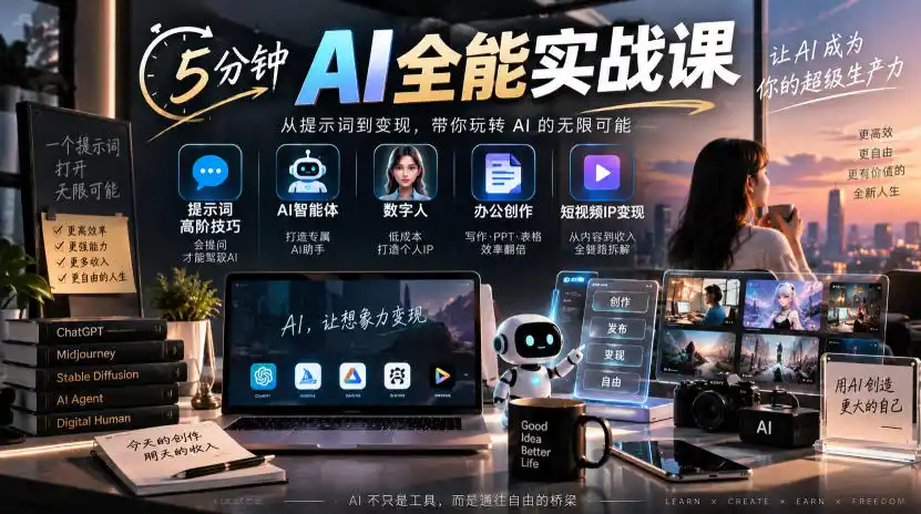 5分钟AI全能实战课｜提示词高阶技巧+AI智能体+数字人+办公创作+短视频IP变现全教程-豌豆轻创