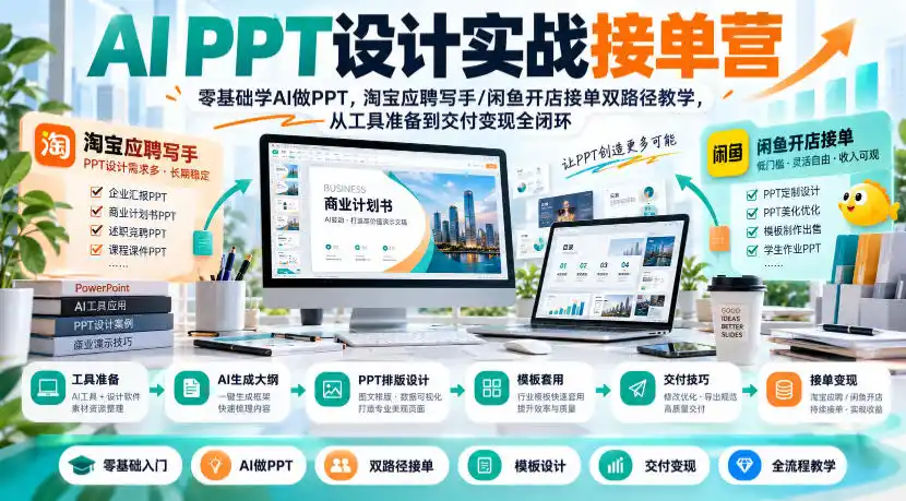 AI PPT设计实战接单营｜零基础学AI做PPT，淘宝应聘写手/闲鱼开店接单双路径教学，从工具准备到交付变现全闭环-豌豆轻创