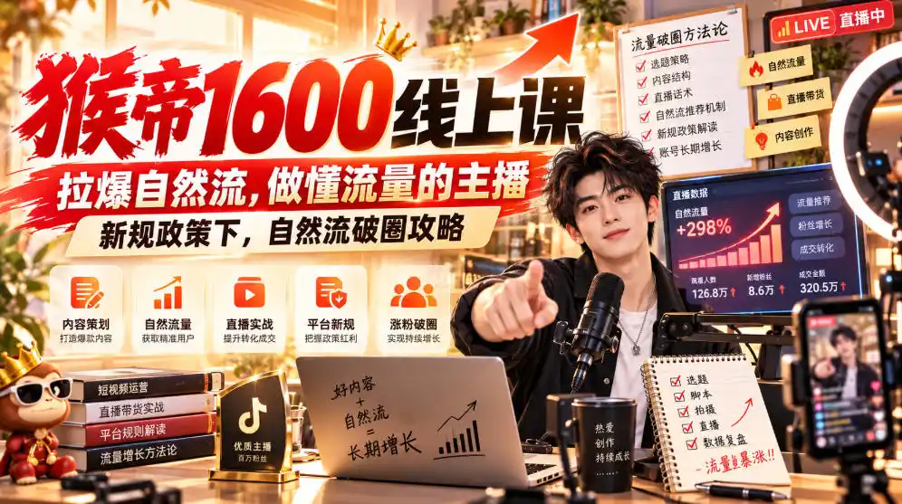 猴帝1600线上课，拉爆自然流，做懂流量的主播，新规政策下，自然流破圈攻略【更新261017】-豌豆轻创