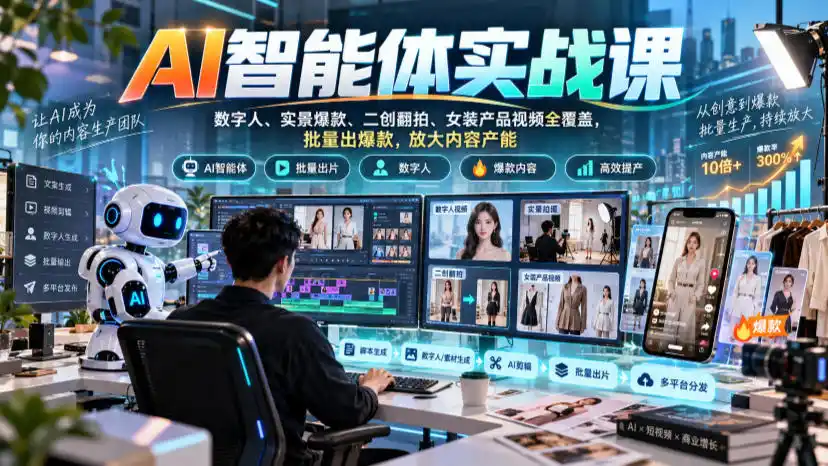 AI智能体实战课，数字人、实景爆款、二创翻拍、女装产品视频全覆盖，批量出爆款，放大内容产能-豌豆轻创