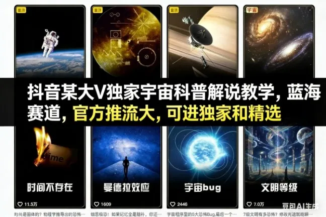 抖音某大V独家宇宙科普解说教学，蓝海赛道，官方推流大，可进独家和精选-轻创