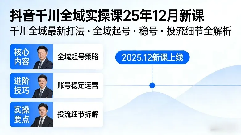 抖音千川全域全域实操课25年12月新课,千川全域最新打法,全域起号,稳号,投流细节全部都有