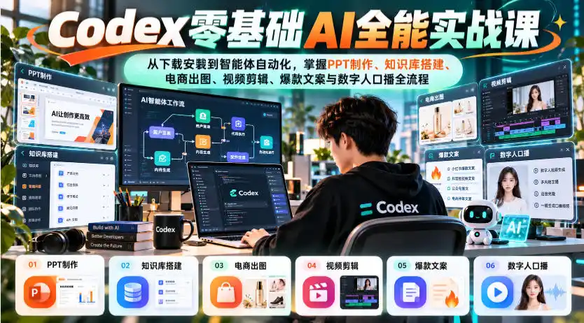 Codex零基础AI全能实战课：从下载安装到智能体自动化，掌握知识库搭建、电商出图、视频剪辑、爆款文案与数字人口播全流程-豌豆轻创