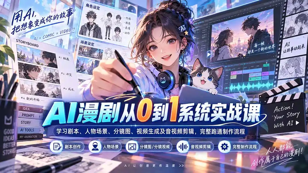 AI漫剧从0到1系统实战课：学习剧本、人物场景、分镜图、视频生成及音视频剪辑，完整跑通制作流程-豌豆轻创
