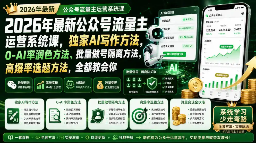 2026年最新公众号流量主运营系统课，独家AI写作方法，0-AI率润色方法、批量做号隔离方法、高爆率选题方法，全都教会你(更新1009)-豌豆轻创