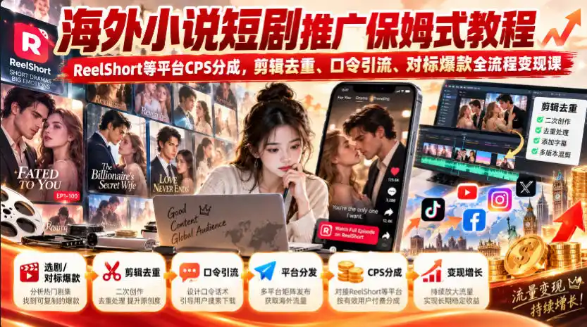 海外小说短剧推广保姆式教程｜ReelShort等平台CPS分成，剪辑去重、口令引流、对标爆款全流程变现课-豌豆轻创