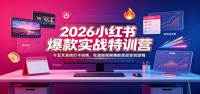 2026小红书爆款实战特训营：十五天系统打卡训练，吃透短视频爆款底层变现逻辑-豌豆轻创