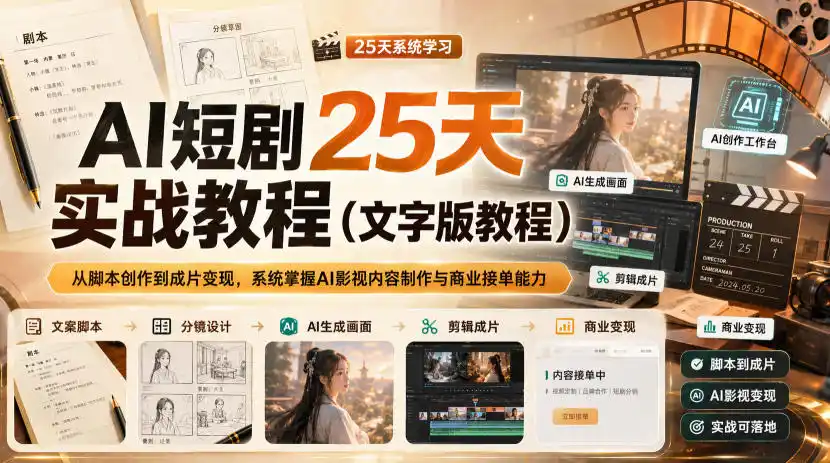 AI短剧25天实战教程(文字版教程),从脚本创作到成片变现,系统掌握AI影视内容制作与商业接单能力-豌豆轻创