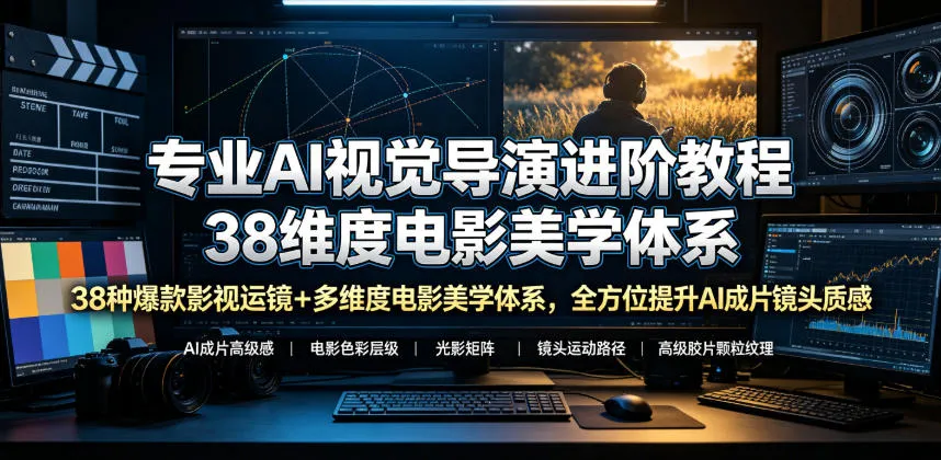 专业AI视觉导演进阶教程，38种爆款影视运镜+多维度电影美学体系，全方位提升AI成片高级感与镜头质感-豌豆轻创