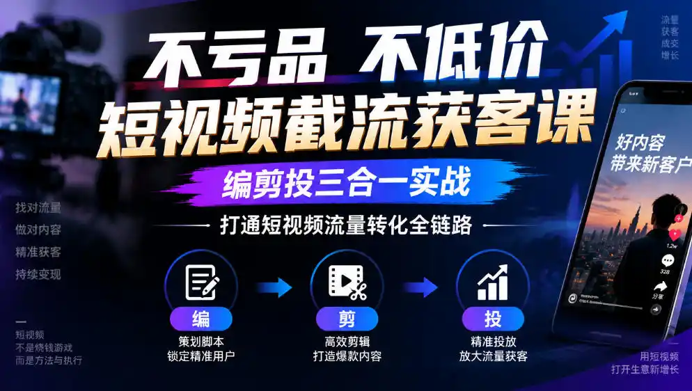 不亏品不低价短视频截流获客课，编剪投三合一实战，打通短视频流量转化全链路-豌豆轻创