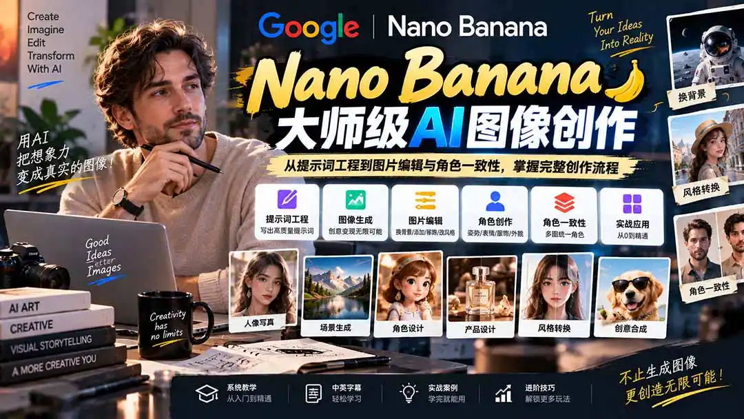 【无水印】Nano Banana大师级AI图像实战课：从提示词工程到图片编辑与角色一致性，掌握完整创作流程-豌豆轻创