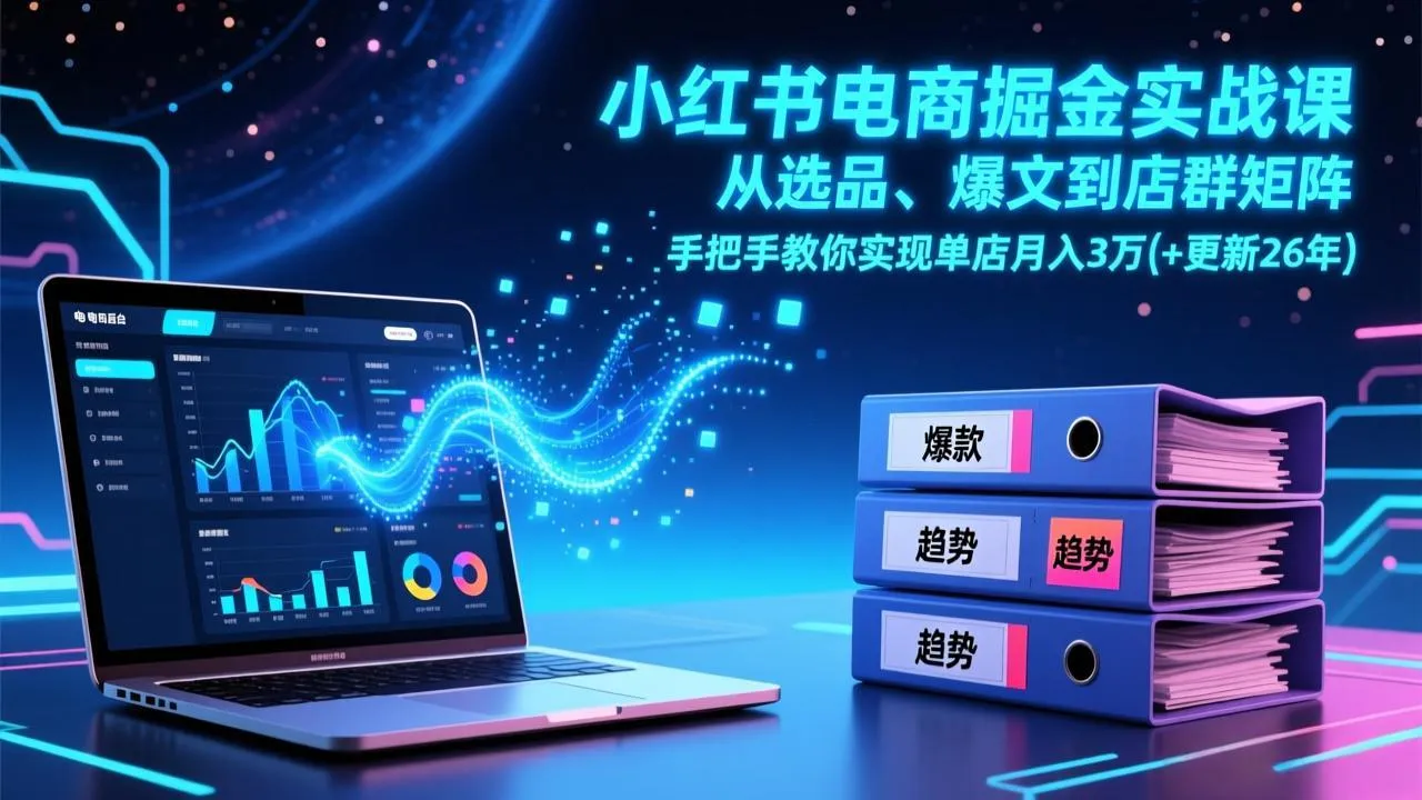 小红书电商掘金实战课，从选品、爆文到店群矩阵，手把手教你实现单店月入3万+(更新26年-轻创