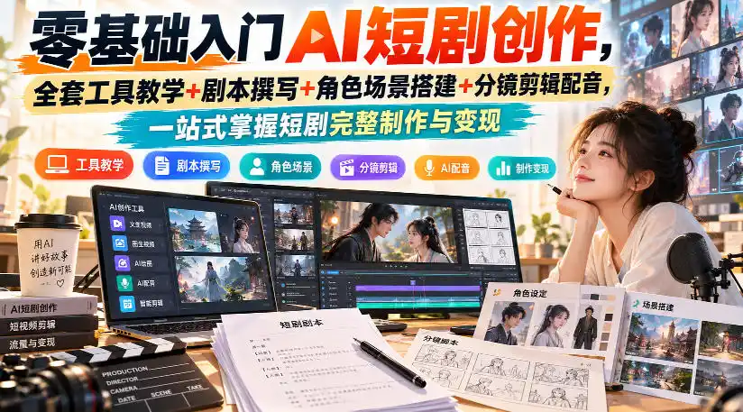 零基础入门AI短剧创作，全套工具教学+剧本撰写+角色场景搭建+分镜剪辑配音，一站式掌握短剧完整制作与变现-豌豆轻创