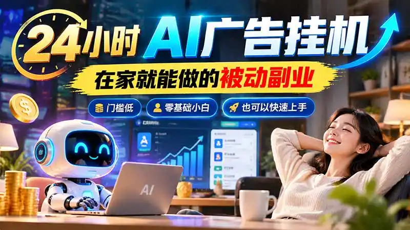 24小时AI广告挂机｜在家就能做的被动副业，门槛低，零基础小白也可以快速上手-豌豆轻创