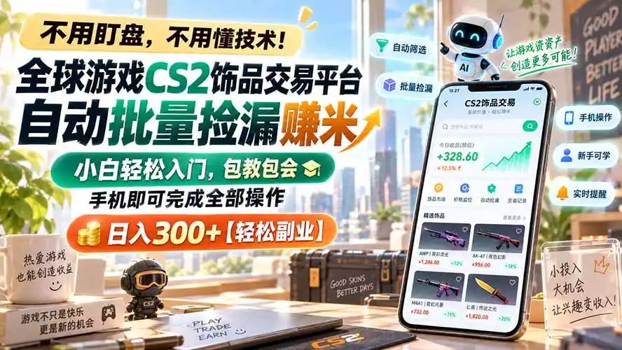 全球游戏CS2饰品交易平台自动批量捡漏赚米，小白轻松入门，包教包会，手机即可完成全部操作，日入300+【轻松副业】-豌豆轻创