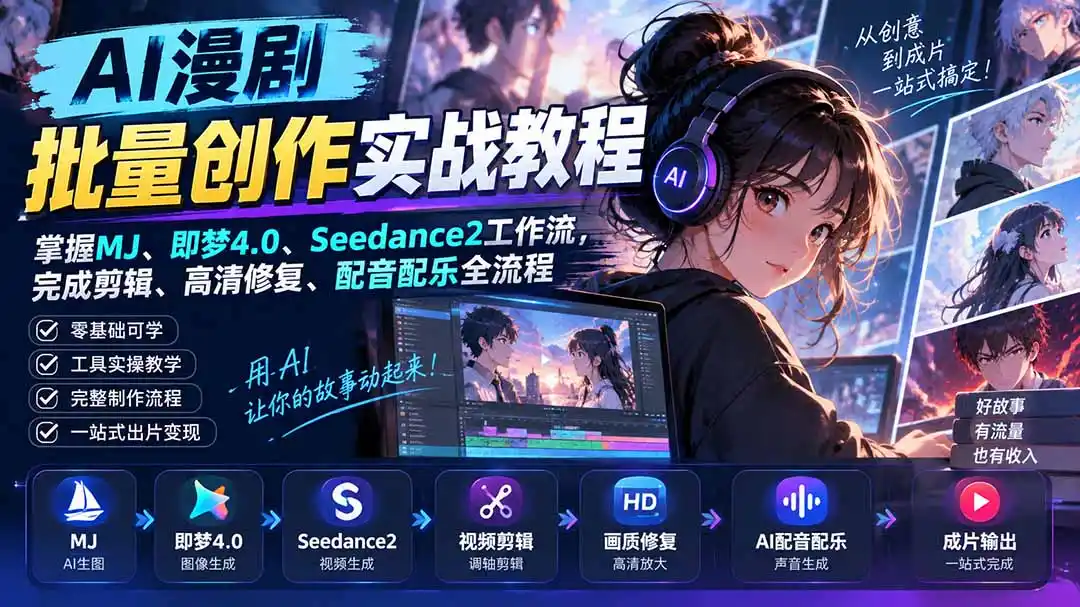 AI漫剧批量创作实战教程:掌握MJ、即梦4.0、Seedance2工作流,完成剪辑、高清修复、配音配乐全流程-豌豆轻创