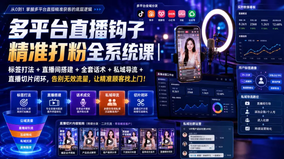 多平台直播钩子精准打粉全系统课｜标签打法+直播间搭建+全套话术+私域导流+直播切片闭环，告别无效流量，让精准顾客找上门！-豌豆轻创