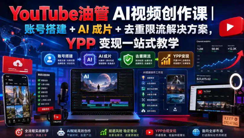 YouTube油管AI视频创作课｜账号搭建+AI成片+去重限流解决方案，YPP变现一站式教学(更新0925)-豌豆轻创
