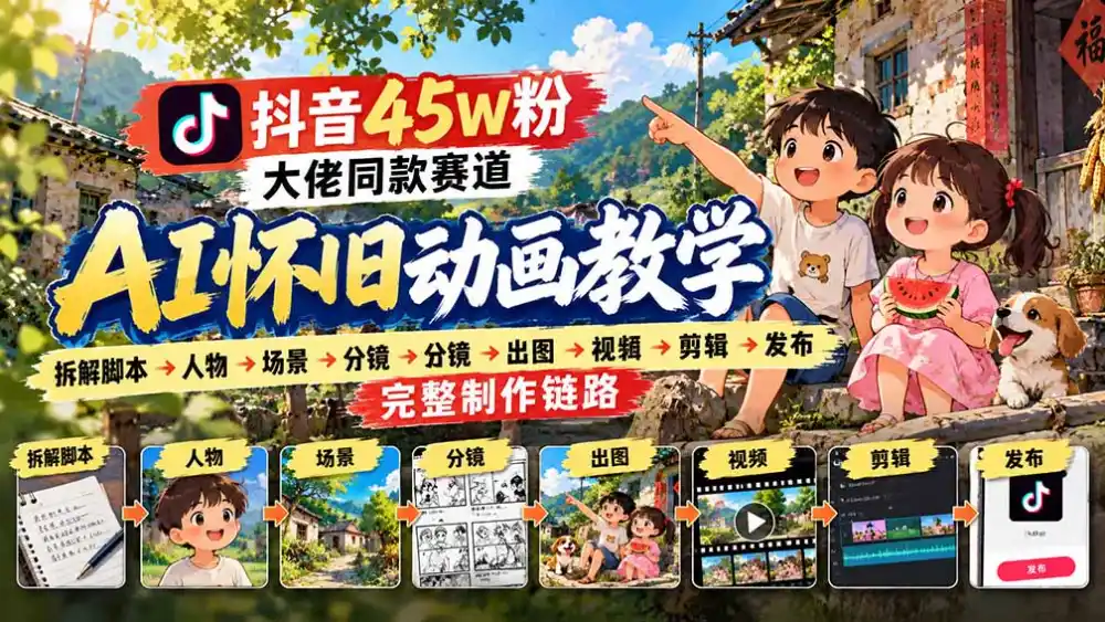 抖音45W粉大佬同款赛道AI怀旧动画教学：拆解脚本→人物→场景→分镜→出图→视频→剪辑→发布完整制作链路-豌豆轻创