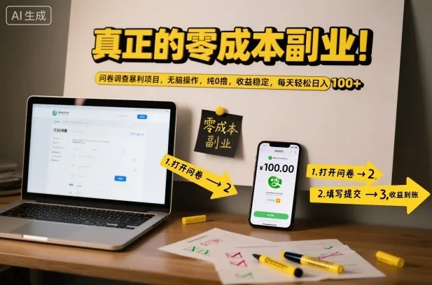 真正的零成本副业!问卷调查暴利项目,无脑操作,纯0撸,收益稳定,每天轻松日入100+【揭秘】-轻创
