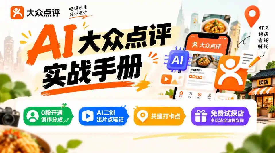 某局的AI大众点评实战手册，0粉开通创作分成、AI二创出片点笔记、共建打卡点、免费试探店多玩法全流程实操-豌豆轻创