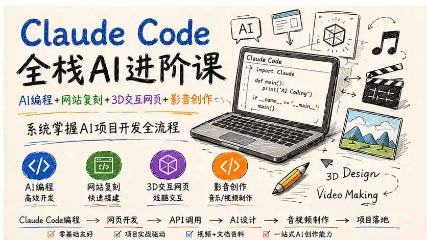 Claude Code全栈AI进阶课-更新；AI编程+网站复刻+3D交互网页+影音创作，系统掌握AI项目开发全流程-豌豆轻创