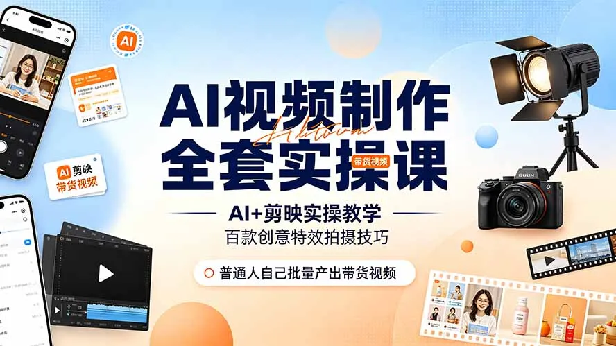 AI视频制作全套实操课，多款AI工具搭配剪映教学，百种特效运镜拍摄实操，抖音账号带货运营全覆盖-豌豆轻创