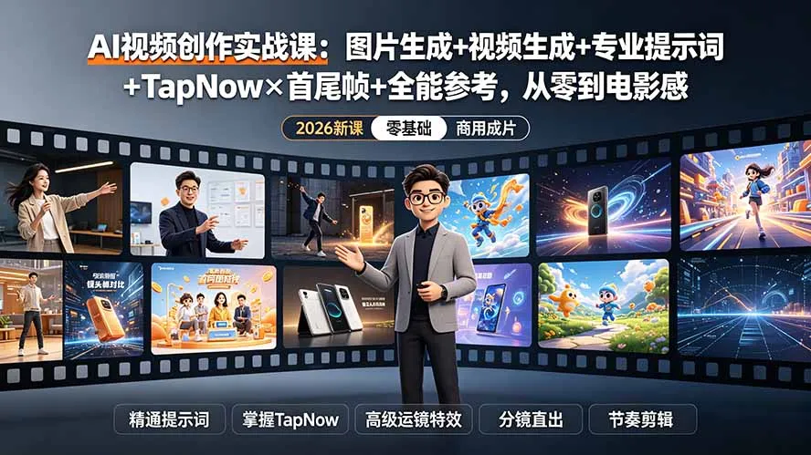 AI视频创作实战课：图片生成+视频生成+专业提示词+TapNow×首尾帧+全能参考，从零到电影感成片-豌豆轻创
