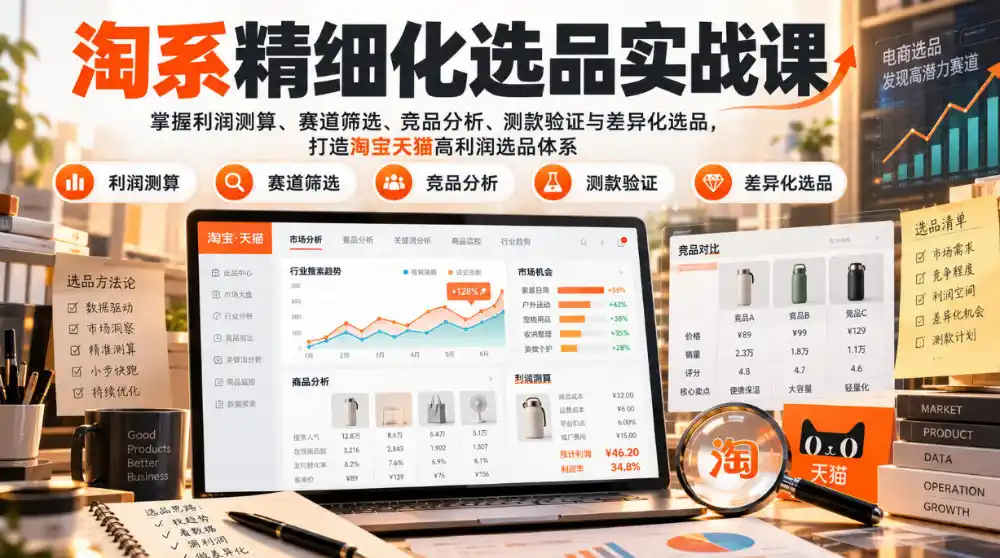 货架电商精细化选品实战课：掌握利润测算、赛道筛选、竞品分析、测款验证与差异化选品，打造淘宝天猫高利润选品体系-豌豆轻创