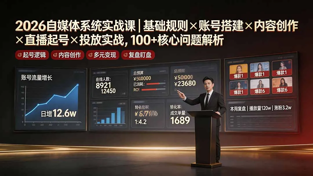 2026自媒体系统实战课｜基础规则×账号搭建×内容创作×直播起号×投放实战，100+核心问题解析-豌豆轻创