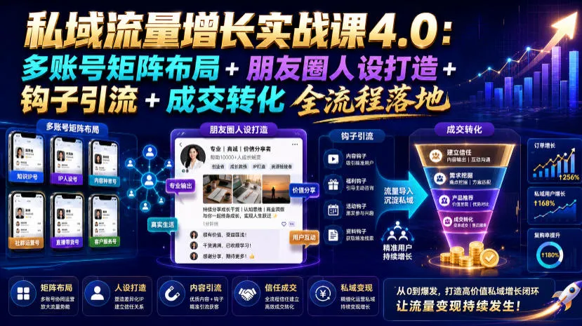 私域流量增长实战课4.0：多账号矩阵布局+朋友圈人设打造+钩子引流+成交转化全流程落地-豌豆轻创