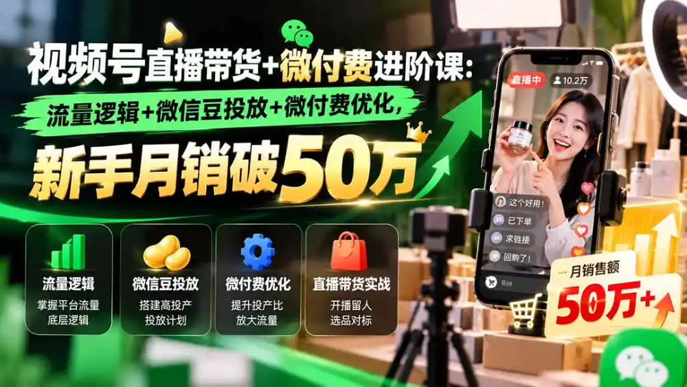视频号直播带货+微付费进阶课-更新1010：流量逻辑+微信豆投放+微付费优化，新手月销破50万-豌豆轻创
