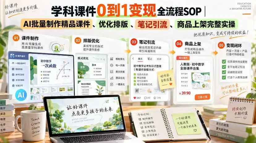 学科课件0到1变现全流程SOP｜AI批量制作精品课件、优化排版、笔记引流、商品上架完整实操-豌豆轻创
