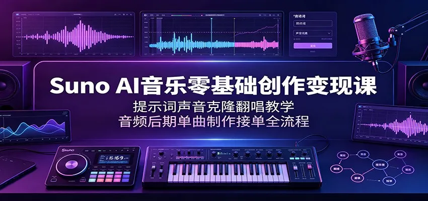 Suno AI音乐零基础创作变现课：提示词声音克隆翻唱教学，音频后期单曲制作接单全流程-豌豆轻创