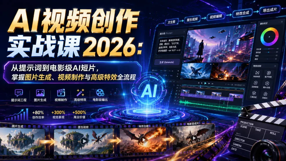 AI视频创作实战课2026：从提示词到电影级AI短片，掌握图片生成、视频制作与高级特效全流程-豌豆轻创
