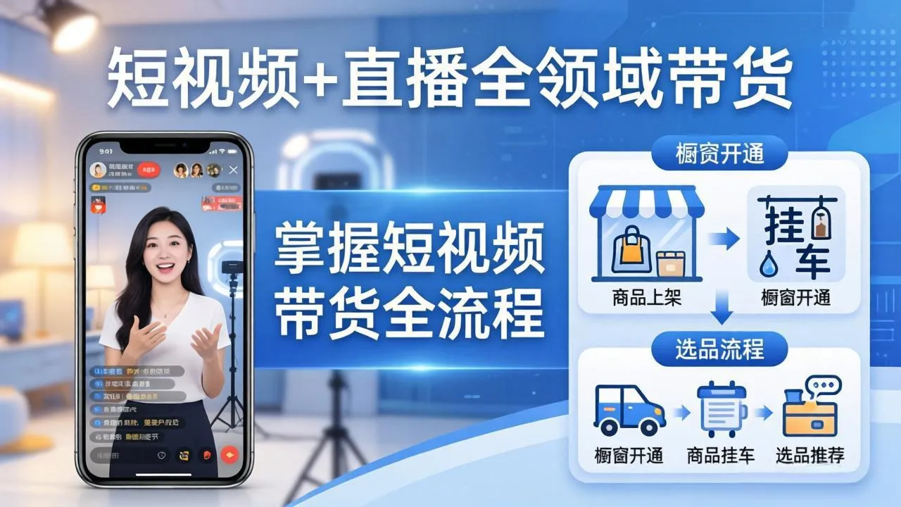 短视频+直播全领域带货-更新：掌握橱窗开通、挂车、选品、爆款文案改编等短视频带货全流程-豌豆轻创