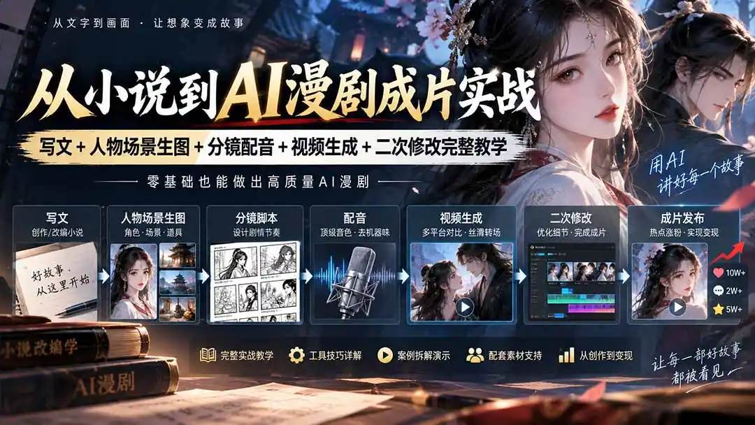 从小说到AI漫剧成片实战:写文+人物场景生图+分镜配音+视频生成+二次修改完整教学-豌豆轻创