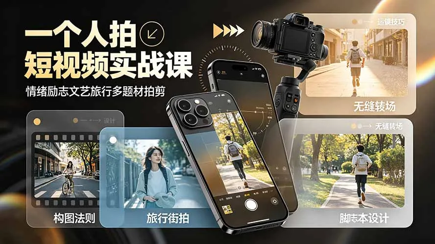 一个人拍短视频实战课：情绪励志文艺旅行多题材×五大景别×黄金构图×八大运镜，从拍摄到成片高效创作-豌豆轻创