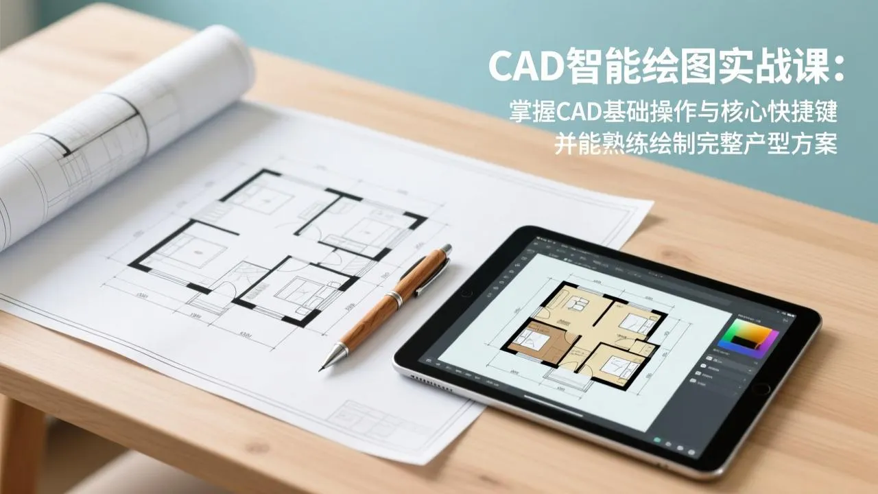CAD智能绘图实战课：掌握CAD基础操作与核心快捷键，并能熟练绘制完整户型方案-轻创