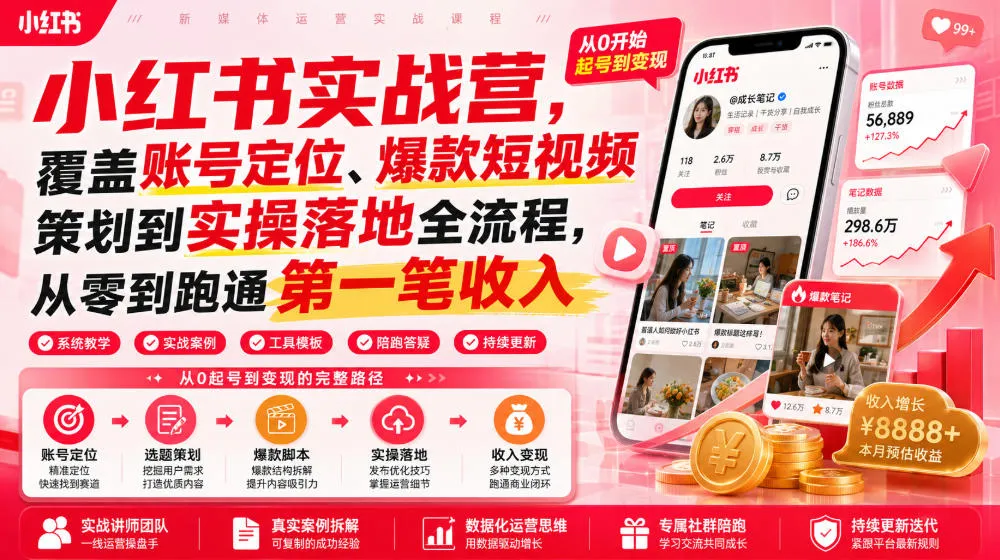 小红书实战营，覆盖账号定位、爆款短视频策划到实操落地全流程，从零到跑通第一笔收入-豌豆轻创