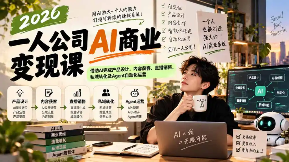 2026一人公司AI商业变现课：借助AI完成产品设计、内容获客、直播销售、私域转化及Agent自动化运营-豌豆轻创