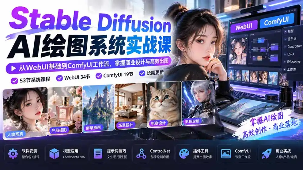 【无水印】Stable Diffusion AI绘图系统实战课：从WebUI基础到ComfyUI工作流，掌握商业设计与高效出图-豌豆轻创