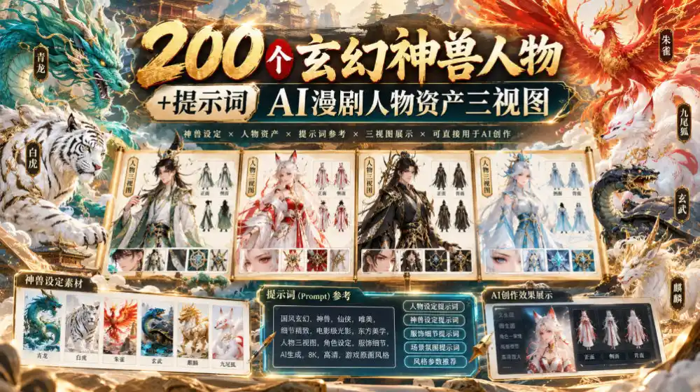 200个玄幻神兽人物+提示词ai漫剧人物资产三视图-豌豆轻创